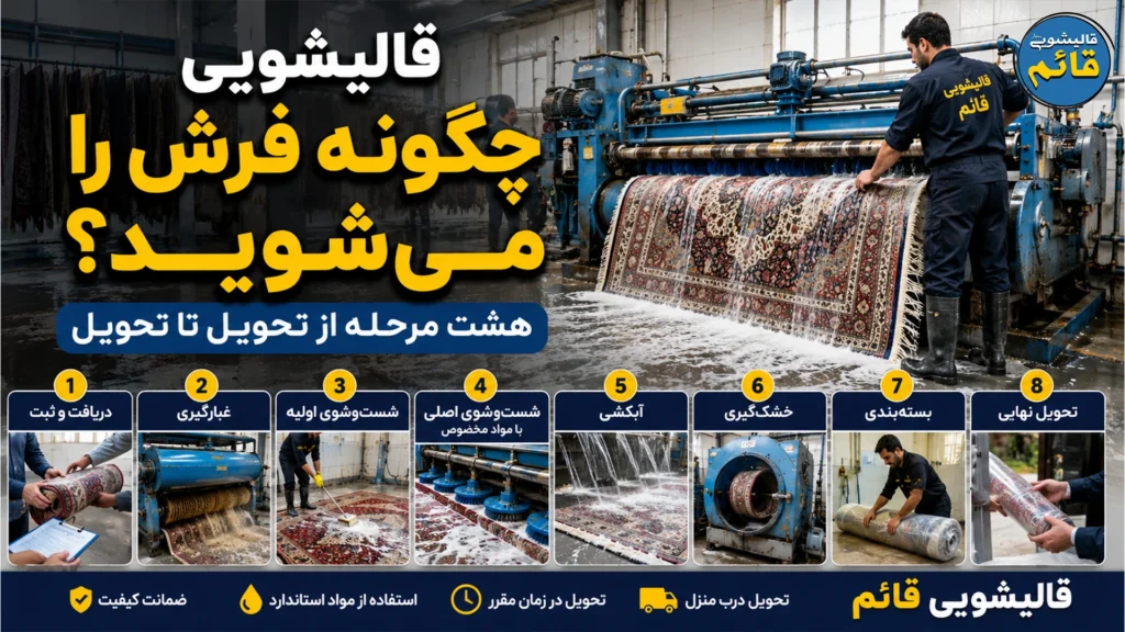 قالیشویی چگونه فرش را می شوید؟ هشت مرحله از تحویل تا تحویل