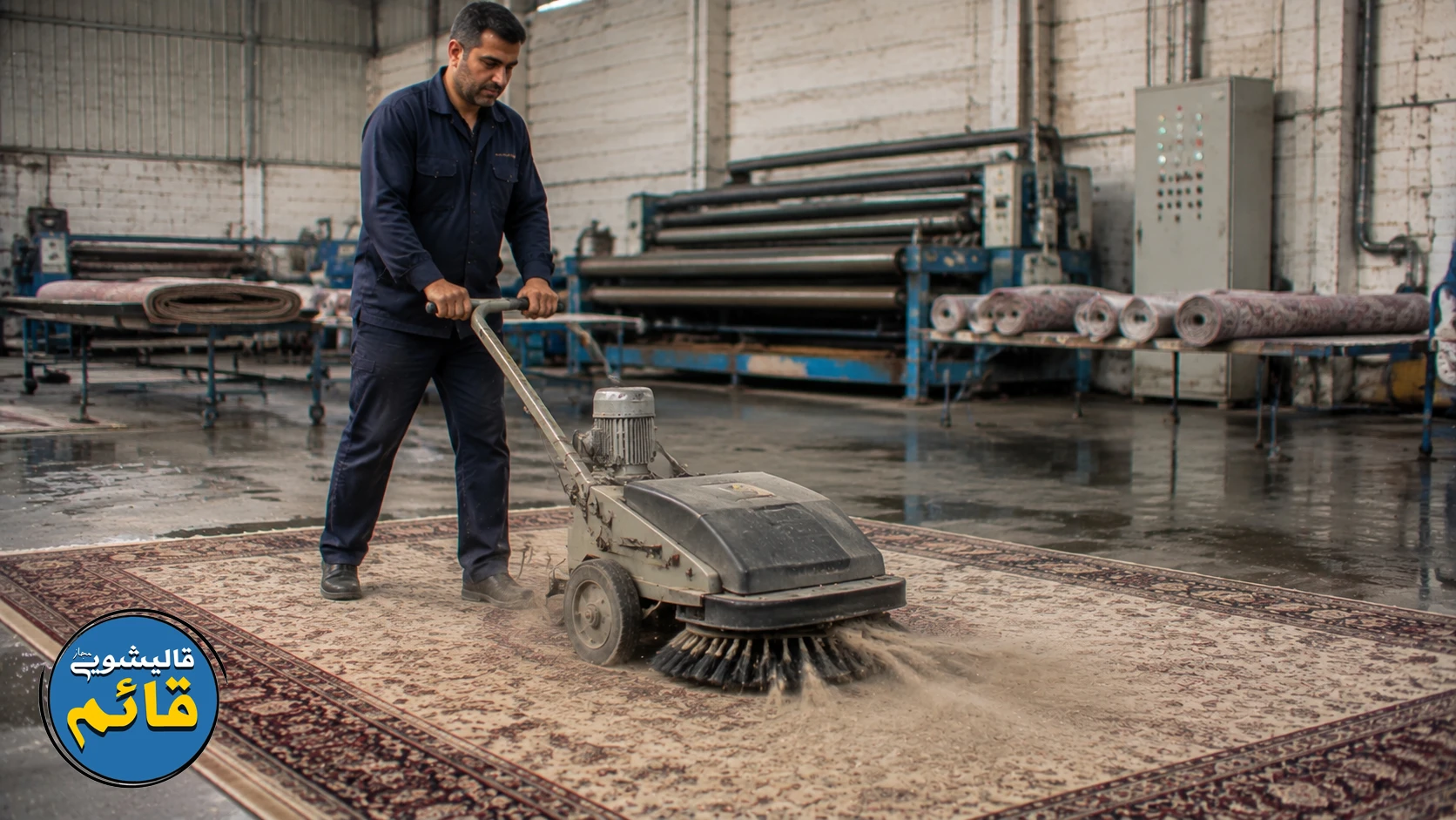 گردگیری مکانیزه فرش پیش از شستشو در قالیشویی قائم